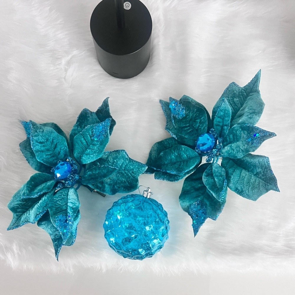 Plush Velvet Blue Green Christmas Poinsettia Flowers with clip